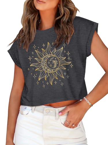 Image of Womens Crop Tops Summer Roll Cap Sleeve Cropped Tshirt Loose Fit Basic Tees