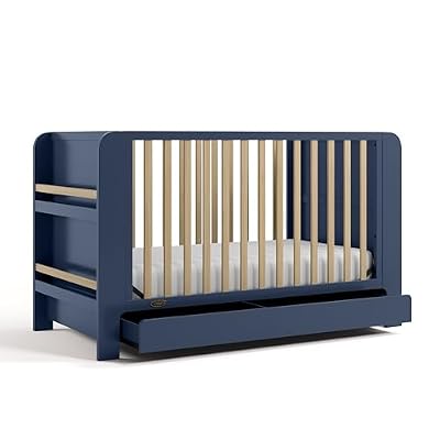 Graco Read-with-Me 4-in-1 Convertible Crib with Drawer - GREENGUARD Gold Certified Converts to Toddler Bed, Daybed, and Functional Bookshelves (Midnight Blue and Driftwood)