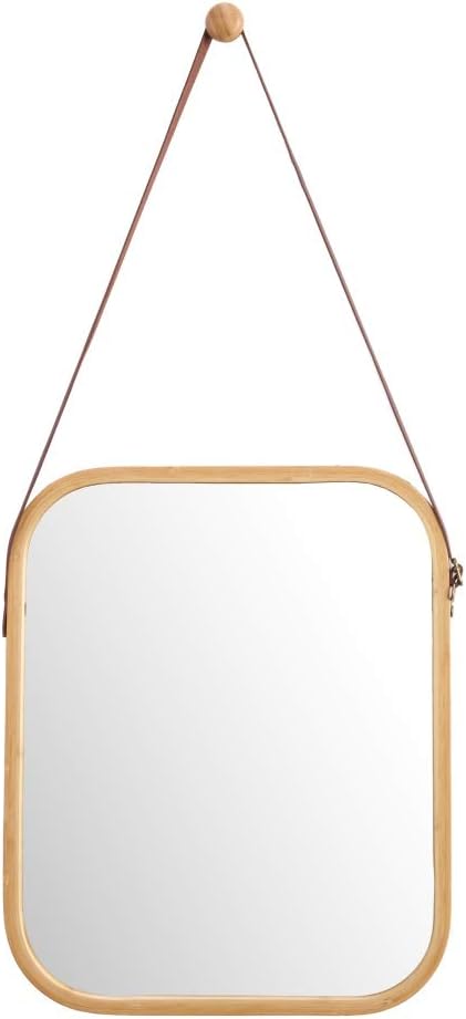 WILSHINE Bathroom Vanity Wall Mirror Small Bamboo Rectangle Wall Framed Mirror for Entryway Living Room with Rounded Corners and Faux Leather Strap, 15.9" x 13"