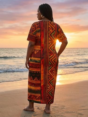 Image of Plus Size Maxi Dress for Women Short Sleeve V Neck Casual Loose Sundress with Pockets