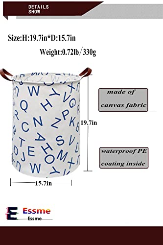 ESSME Large Laundry Hamper Waterproof Coating Canvas Fabric Storage Basket-Toy Organizer, Baby Nursery Hamper19.7×15.7" (Blue Alphabet)