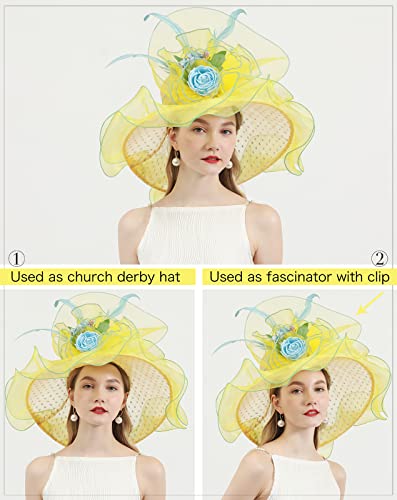 Z&X Women Organza Derby Church Hat Rose Flower Wedding Tea Party Fascinator Hat Wide Brim Sun Caps Yellow #TOP1