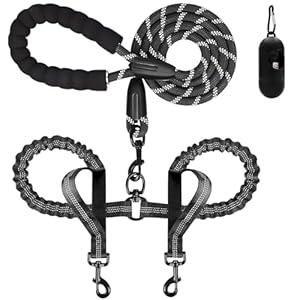 Dog Leash, Double Dog Leash for Two Dogs, Heavy Duty Adjustable Dual Dog Leash No Tangle, Bungee Retractable Split Multiple Leash for Walking 2 Dogs, Dog Poop Bags Trip Essentials (5.5FT-1/2”, Black)