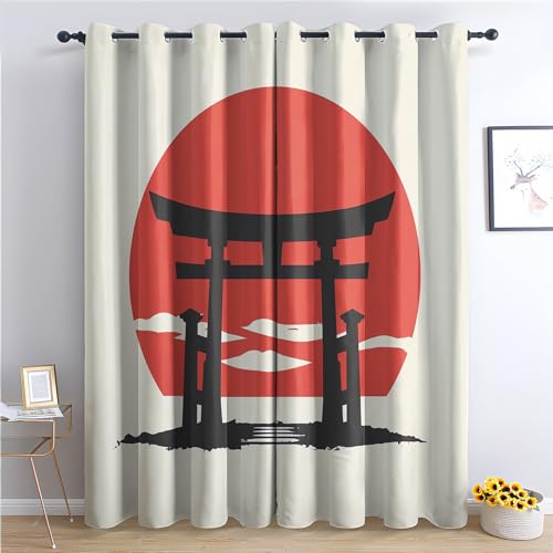 Curtains Japanese Torii Gate Blackout Curtains for Bedroom Living Room - Japan Red Sun Curtains 96 Inch Length 2 Panels Set - Patterned Window Treatments - Grommet Drapes - Home Decor (D&-2649)