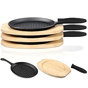 3 Sets Cast Iron Skillets Pre Seasoned Fajita Pan Heavy Duty Construction Sizzling Plates with Wooden Base and Silicone Handle Mitt, Black