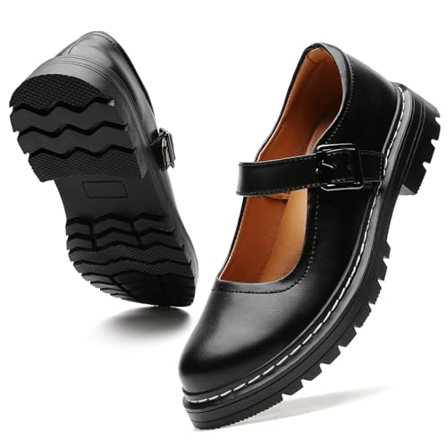 Image of Mary Jane Shoes Women Platform Non-Slip Casual Dress Shoes | Round Toe Ankle Strap Comfort Classics Oxford Work Mary Jane Flat Shoes