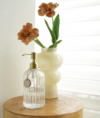 Image of JASAI 18Oz Glass Soap Dispenser with Golden Pump for Kitchen,Refillable Liquid Hand soap Dispenser with Vertical Stripe, Clear Soap Dispenser Bathroom for Hand soap, Dish Soap, Lotion