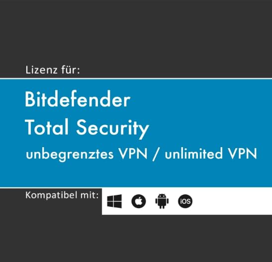 Lizenz für Bitdefender Total Security inkl. unbegr. VPN | 2026 | 5 Geräte | 2 Jahre | originale Vollversion | Win/Mac/Android/iOS | Lizenzcode per E-Mail (i. d. R. in 24 Std.) von softwareGO