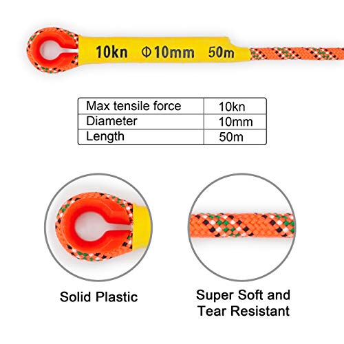 Outdoor Climbing Rope 32ft & Carabiner,10mm Static Rock Rope,Fire Rescue Safety Rappelling Rope
