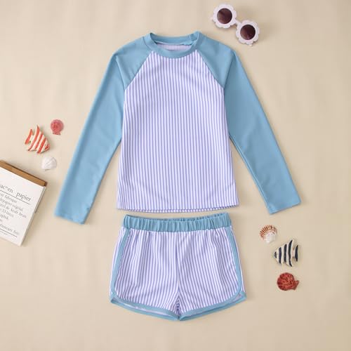 Image of GLIGLITTR Girls Rash Guard Swimsuit Set Long Sleeve Two Pieces Stripe Bathing Suits Kids Summer Beach Swimwear 7-12 Years