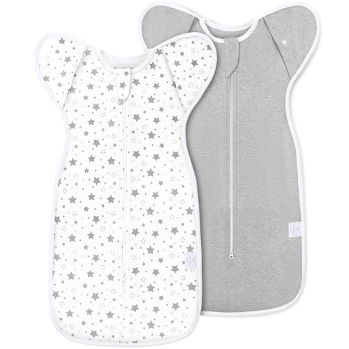 2-Pack Baby Swaddle Sleep Sack 3-6 Months - Arms Up Transitional Swaddles with Removable Cuffs & 2-Way Zipper, Gray Stars Design, Breathable Cotton Newborn Sack