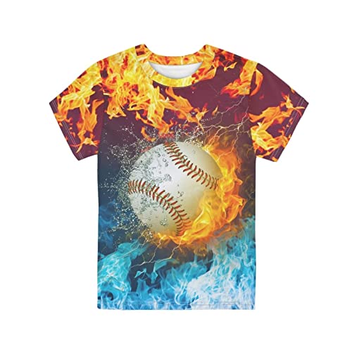 Biyejit Camisetas de manga corta para niños, niñas, estudiantes, jóvenes, talla 3-16 años, Red Blue Fire Baseball, 13-14 años