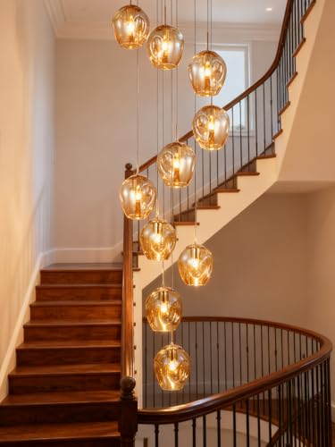 Kinbolas 10 kugel pendelleuchte treppenhaus lampe lang decke hängelampe,längenverstellbare hängeleuchte kugelleuchte,kugel glas hängend deckenleuchte für galerie,treppenspirale,Flur-40×250CM