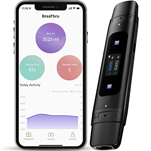 Smart Breathing Trainer, Breathing Exercise Device with Breath Monitor App to Strengthen Breathing Muscles, Inspiratory Muscle Trainer for Asthma, Musicians, Athletes -3 Resistance (Black)