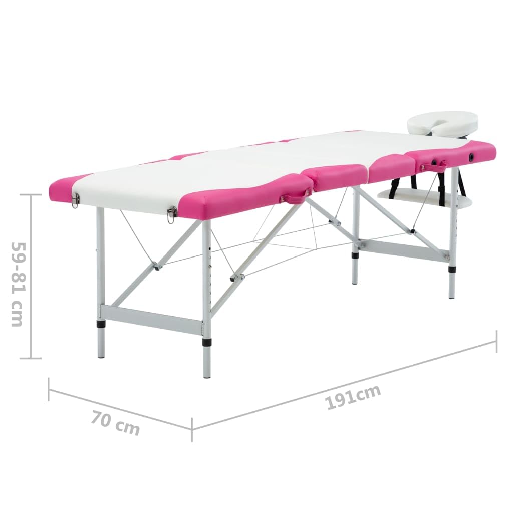 vidaXL Camilla de Masaje Plegable 4 Zonas Mesa Cama de Centro Estético Portátil Ajustable Acolchada Profesional Cómodo Aluminio Blanco y Rosa
