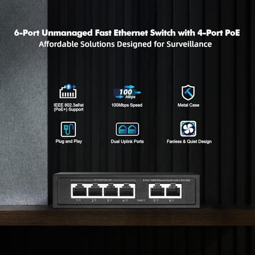 Image of 6 Port Mini PoE Switch with 4 PoE+, 2 Uplink, 10 /100Mbps Ethernet, 65W 802.3af /at PoE, Fanless Metal Plug & Play PoE+ YuLinca Network Switch