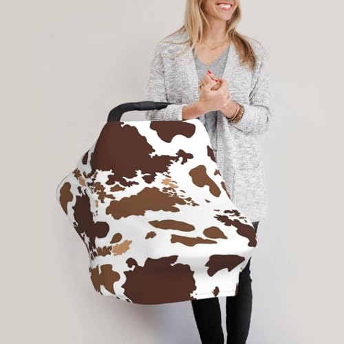 Image of Cow Print Brown Western Baby Stuff Car Seat Cover for Baby,Mom Nursing Breastfeeding Covers,Multi-Use Car Seat Canopy Carrier Cover,Newborn Shower Gift for Boys Girls