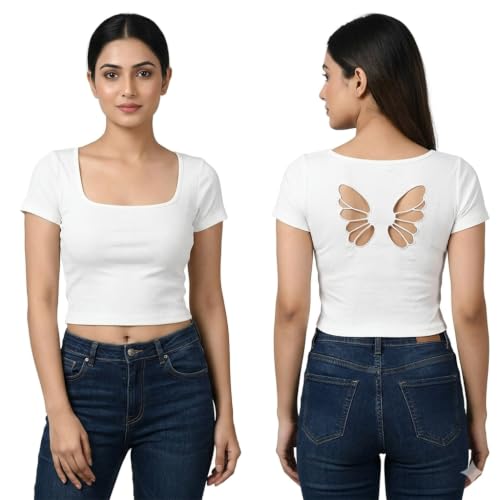 Image of ICW Women's Streetwear Round Neck Butterfly Cutout Back Short-Sleeve Padded Crop Top T-Shirt Dn249