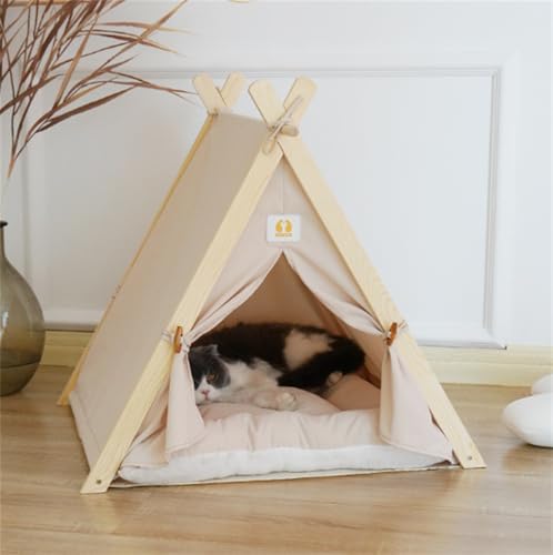 Dazzixペットハウス&ベッド、猫・犬用、ペットテント、クッション付き、洗える、組み立て簡単、木製・コットン素材、猫のテント ペットハウス 猫ハウス 可愛い ふわふわ 四季通用 洗濯可能 組み立て簡単 (ベージュ,60*55*63cm)