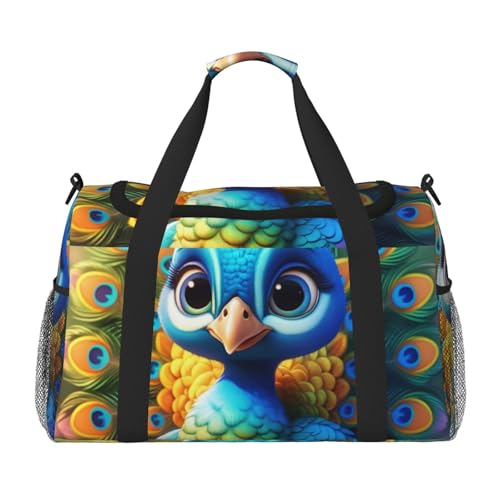 Cute Peacock Print Travel Duffle Bag - Foldable Personal Item Travel Bag for Women & Men,Carry-On Convertible Crossbody Tote Bags with Adjustable Shoulder Strap & Pockets 13x10.2x19.7 in
