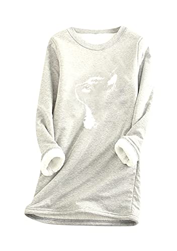 TYQQU Femmes Chaleur Furry Pull Mignon Hoodie avec Chat Manches Longues Col Rond Pull Everyday Light Grey XXL