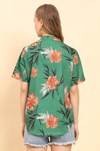 Image of Womens Casual Shirt Soft Beach Shirts Floral Tropic Print V Neck T-Shirt Short Sleeve Button Up Tops