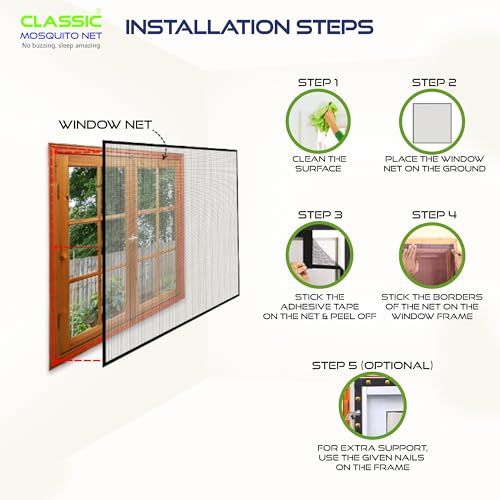 Image of Classic Mosquito Net for Windows | 120X150 cm | 120 GSM Fiberglass Mesh |Pre Stitched Window Net for Home | Self Adhesive Hook & Loop Easy Install | Protection from Mosquitoes & Insects |Grey