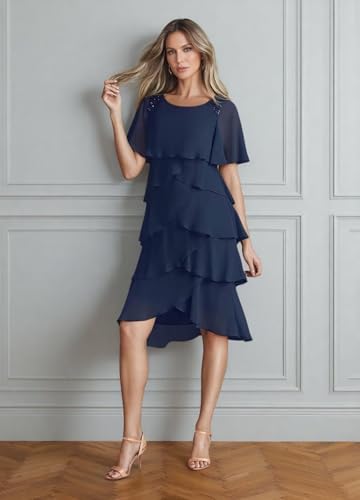 Short Mother of The Bride Dresses for Women Tiered Chiffon Beaded Scoop Neck Formal Dress for Wedding Guest2