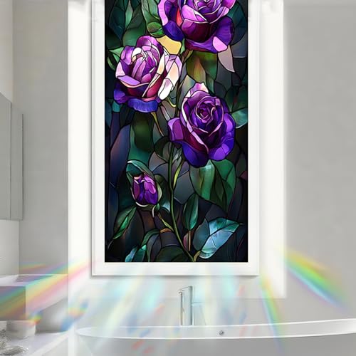 Image of Nuxovilar Frosted Stained Glass Purple Rose Window Film 17.7x39.4 PVC | Deep Purple, Gothic Cling rose flower sticker, privacy glass wrap for bedroom bathroom party room (Purple Rose)