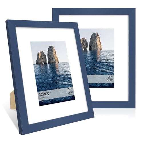 ccdcc 8x10 Picture Frame Set of 2 8 x 10 Wood Photo Frames with Mat for 5x7 Natural Wooden Frame with Real Glass Cover for Wall and Tabletop Display Blue