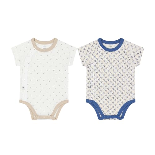 Konny Baby Bodysuit 2-Pack Cotton Mesh Short-Sleeve Newborn Baby Boy Girl Spring Summer Clothes-Beige Cross & Deep Blue Flower (9-18M)