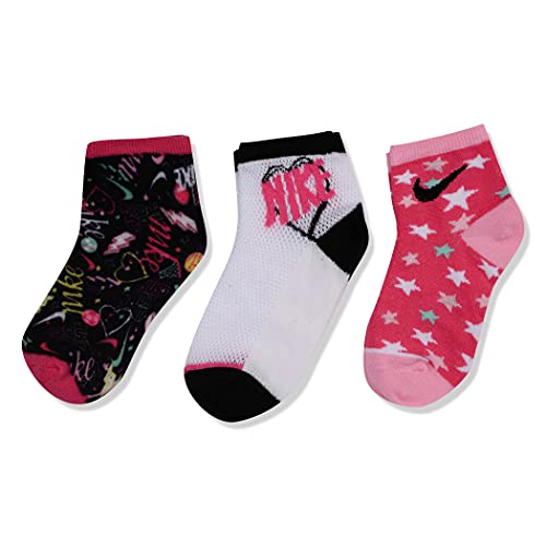 Nike Little Girls Doodle Scribble Lighweight Ankle Socks 3 Pack (White(GN0470-A8F)/Pink, 4-5 (kids 7C-10C))3