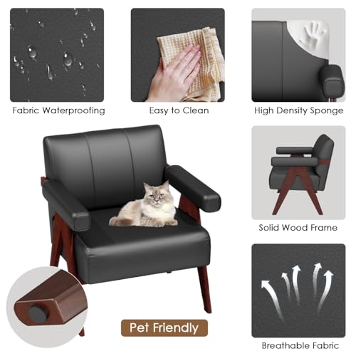 Image of STHOUYN Faux Leather Accent Chairs Set of 2, Wooden Arm Chairs (Black)
