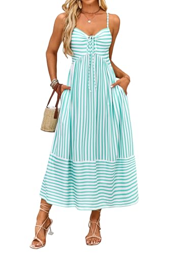 Image of Fashionme Womens Summer Maxi Dresses 2026 Trendy Striped Vacation Boho Beach Spaghetti Strap Sundress Back Tie with Pockets