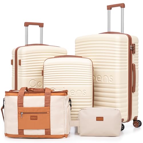 Image of 5 Piece Luggage Sets with Spinner Wheels and Tsa Lock, Hardshell ABS Suitcase Set, Lightweight Hardside Waterproof Travel Suitcases with Wheels, 20 inch, 24 inch, 28 inch Beige