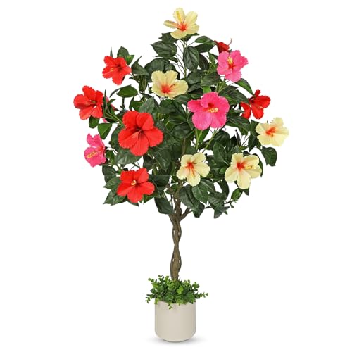Briful 47' Artificial Hibiscus Tree with 3 Colors Flowers, Fake Tropical Plant in Pot, Tall Faux...