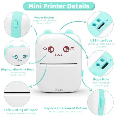Image of ZEITEL Mini Thermal Printer Bluetooth Android & iOS, 1 Roll 57 * 25 MM Blue