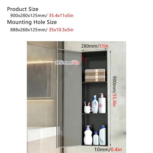 Niche murale encastrée étanche à 3 niveaux et sa porte vitrée grise de douche