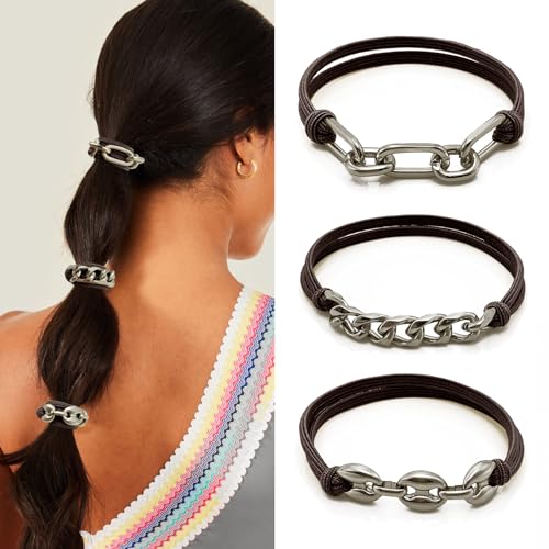 Bracelet Hair Ties, Brown Elastic Ponytail Holders Hair Ties with Silver Jewelry for Girls Women Cute Stretchy Hair Tie Accessories for Girls Gifts (DK Brown with Silver) image 5