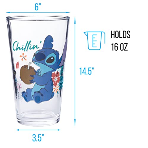 Image of Silver Buffalo Lilo and Stitch Tropical Chillin Ohana 4-Pack. Pint Glass Set, 16-Ounces