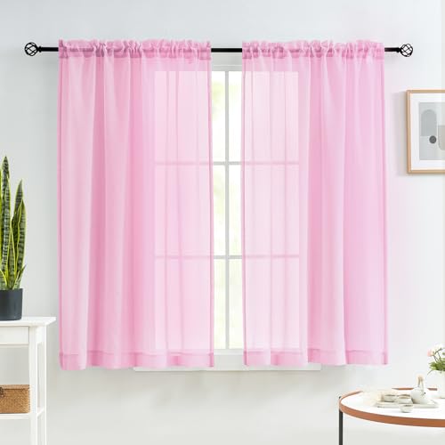 Image of MYSTIC-HOME Sheer Curtains Pink 45 Inch Length, Rod Pocket Voile Drapes for Living Room, Bedroom, Window Treatments Semi Crinkle Curtain Panels for Yard, Patio, Villa, Parlor, Set of 2, 52 inchx 45 inch