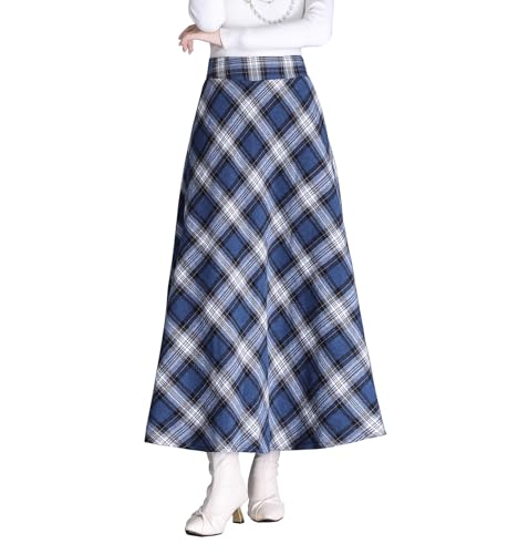 Women's Vintage High Waist Plaid Wool Skirt A-line Elegant Long Skirt Fall/Winter Midi Skirt