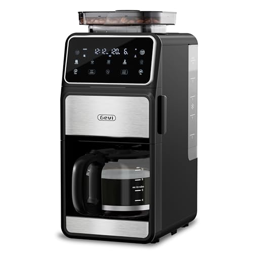 Gevi 10 Cup Drip Coffee Maker with Built-in Grinder, Grind ＆ Brew Burr Combo Coffee Machine with Touch Screen, Programmable, 4-Hour Warm Plate, Permanent Filter, Coffee Carafe