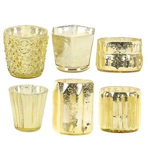 Koyal Wholesale Gold Mixed Mercury Glass Candle Holder, 6-Pack, Boho Mismatched Votive Candle Holders for Table Centerpieces, Assorted Gold Votive Candle Holders Wedding Birthday Baby Shower Decor