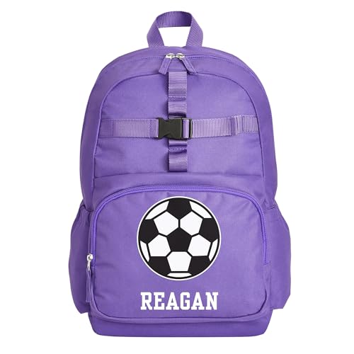Let's Make Memories Personalized Kids Backpack with Lunchbox + Notebook (Optional) - Backpack for School - Back to School - Bookbag For Sports Team Player Athlete - Purple - Soccer