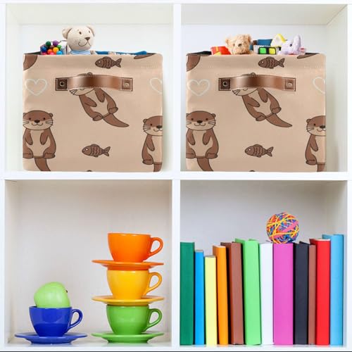 Image of Aslsiy Storage Basket Cute Otter and Fish Nursery Bins Baby Box Canvas Clothes Shelf Basket Laundry Hamper Gift Basket for Home Dorm Closet 1 Pcs