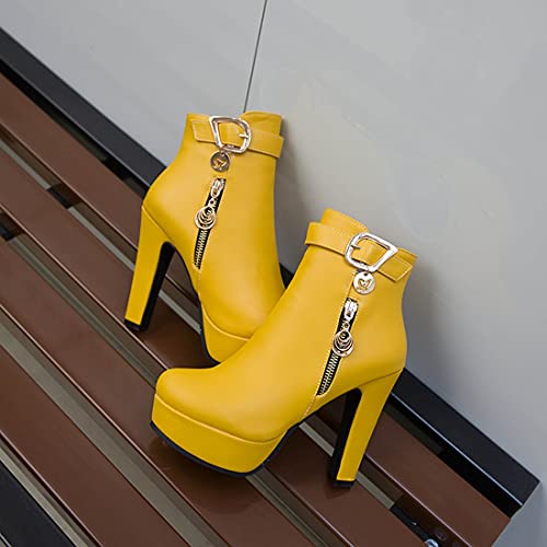VOKLIN Women's Fashion Buckle Platform Block High Heel Ankle Boots Round Toe Side Zipper Dress Short Booties3