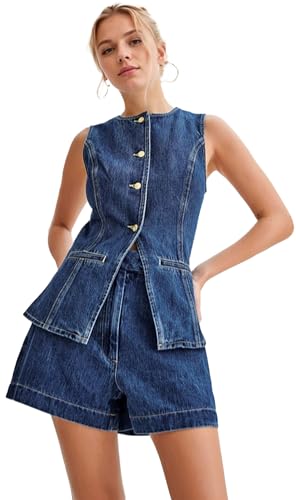 Denim Sets for Women 2 Piece Waistcoat Old Money Button Down Vest and Shorts Y2k Blazer Shorts Slim Fit Set2