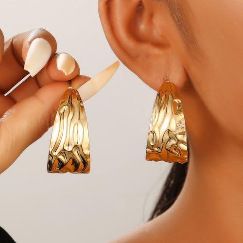 Chunky Gold Hammered Hoop Earrings for Women, Charm Big Circle Statement Drop Earrings Fashion Thick 70s 80s Dangling Earrings Vintage Punk Jewelry3