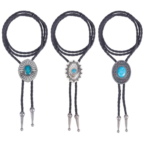 CALFOVERA 3 Estilo de Corbata de Bola de Aleación de Vaquero Occidental, Corbata Trenzada Turquesa de Cuero Sintético, Conjunto de Corbata de Bolo para Hombre, Collar de Cuerda Nativo Vintage